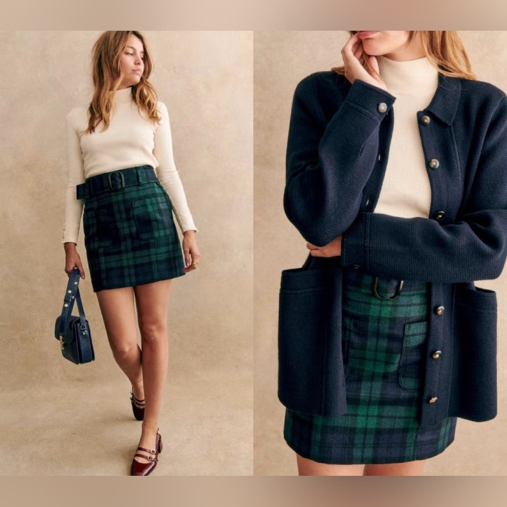 SEZANE - Gillie Wool Skirt in Navy Tartan (xs)